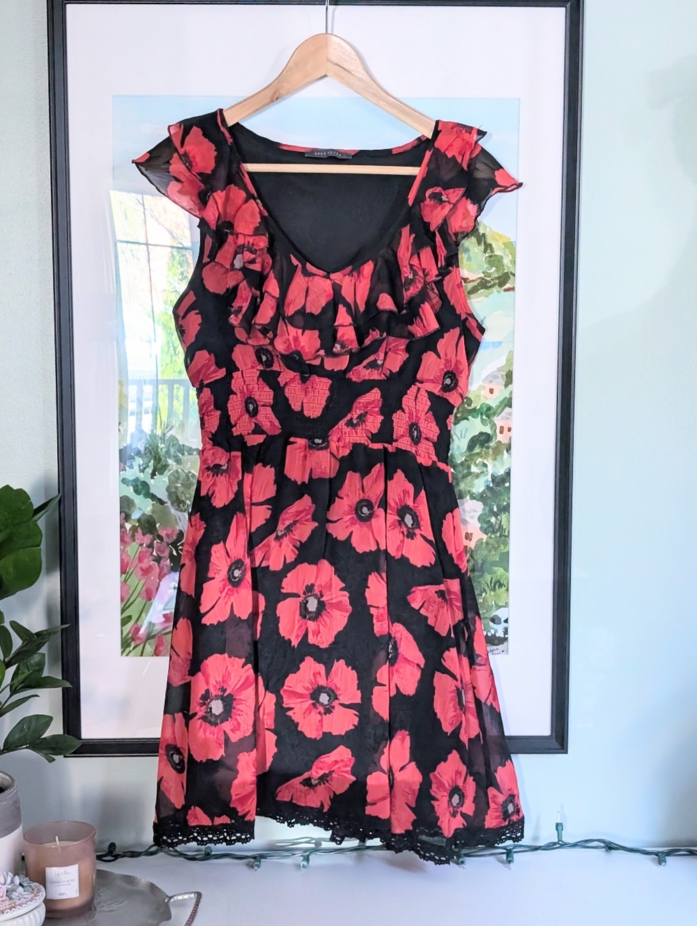 Ruffled Mini Dress with Red And Black Floral Print